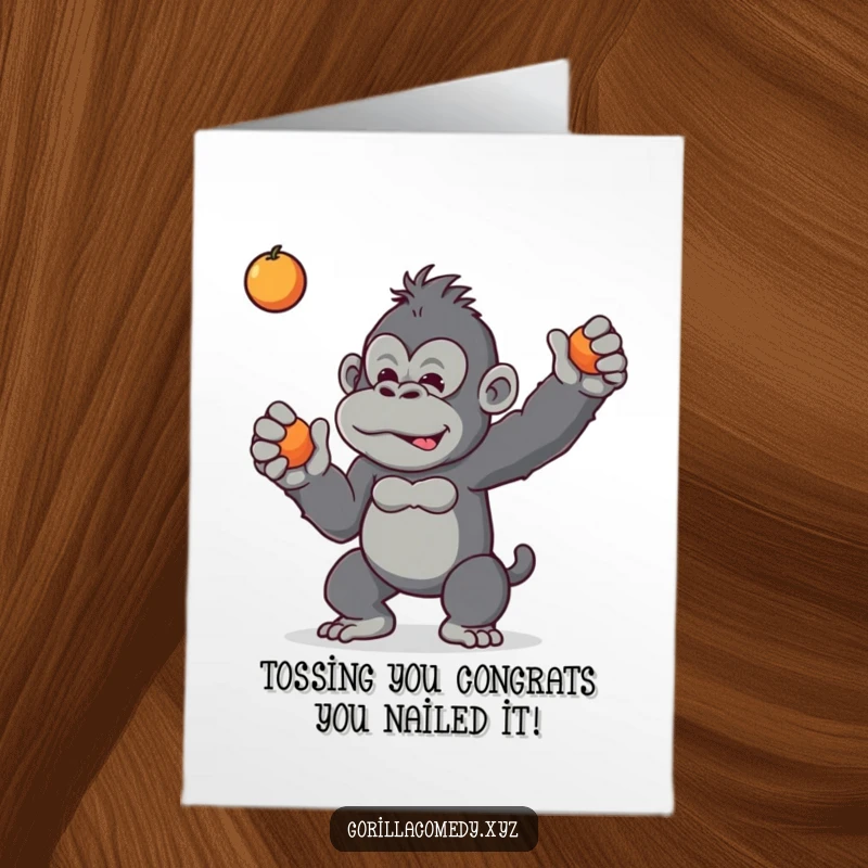 Funny Free Printable Congratulations Card: A mischievous gorilla playfully tosses a piece of fruit, celebrating an achievement.