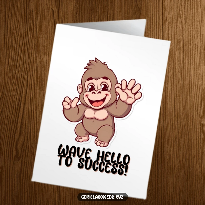 Funny Free Printable Congratulations Card showing a happy gorilla giving a big, enthusiastic wave, perfect for celebrating achievements.