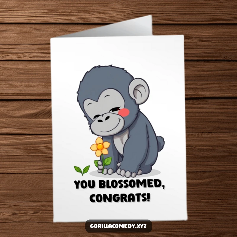 Funny Free Printable Congratulations Card: Curious gorilla character gently patting a blooming flower, celebrating new beginnings with warmth and care.