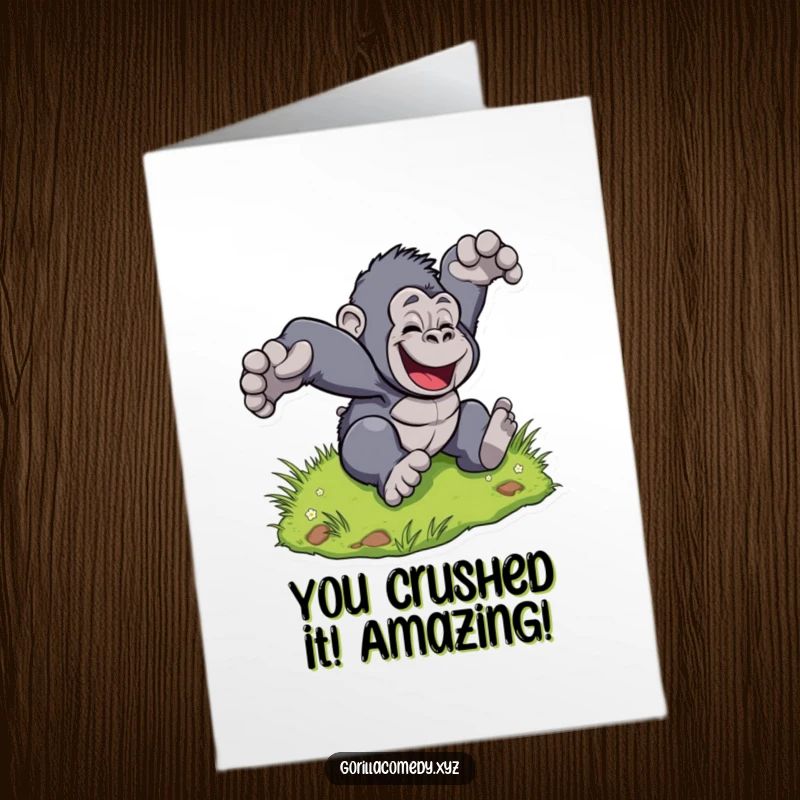 Funny Free Printable Congrats Card: A joyful gorilla character tumbles down a grassy slope in celebration.