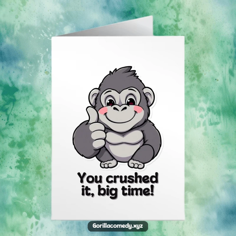 Funny Free Printable Congrats Card: Kawaii gorilla character with a big smile giving a thumbs up, celebrating success.