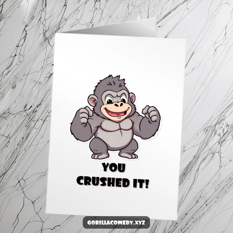 Funny Free Printable Congratulations Card: Muscular kawaii gorilla character flexing biceps with a proud grin, celebrating impressive achievements with might.