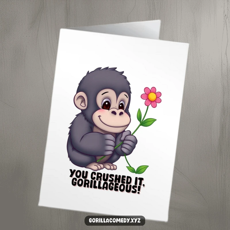 Funny Free Printable Congratulations Card: A kind gorilla presents a colorful flower, symbolizing heartfelt best wishes and success.