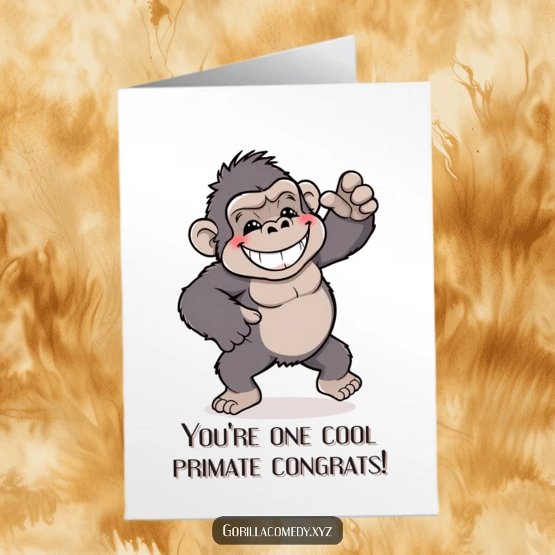 Funny Free Printable congratulations card: a cartoon gorilla with a huge grin joyfully engages in a playful, silly dance.