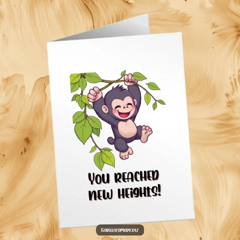 Funny Free Printable Congrats Card: A kawaii gorilla gleefully swinging from a vine, celebrating a victory.