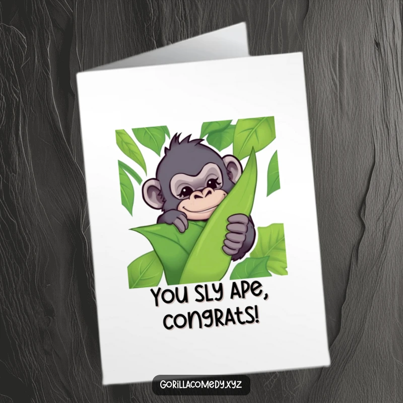 Funny Free Printable Gorilla Congratulations Card: A cheeky gorilla hiding, giving a playful wink to congratulate someone.