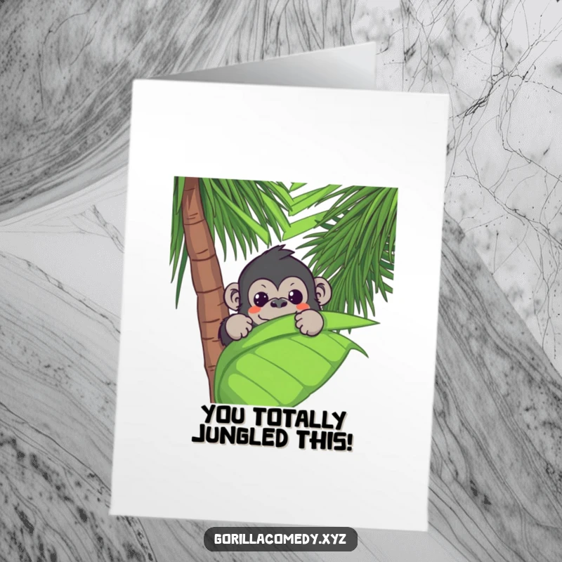 Funny Free Printable Congratulations Card: Kawaii gorilla peeking from behind a palm leaf, giving a cheeky thumbs up.