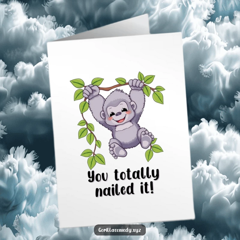 Free Printable Congrats Card showing a fluffy gorilla joyfully swinging from a vine, feet dangling, cheering for their achievement.