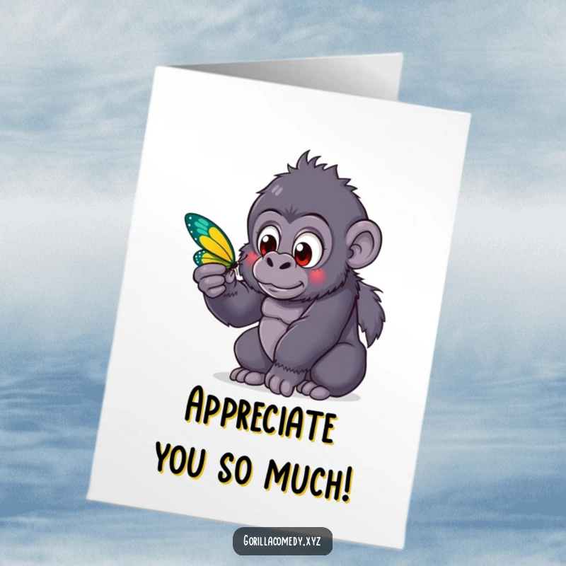 Funny Free Printable Thank You Card: Sweet kawaii gorilla with wide eyes curiously watches a colorful butterfly flutter by.