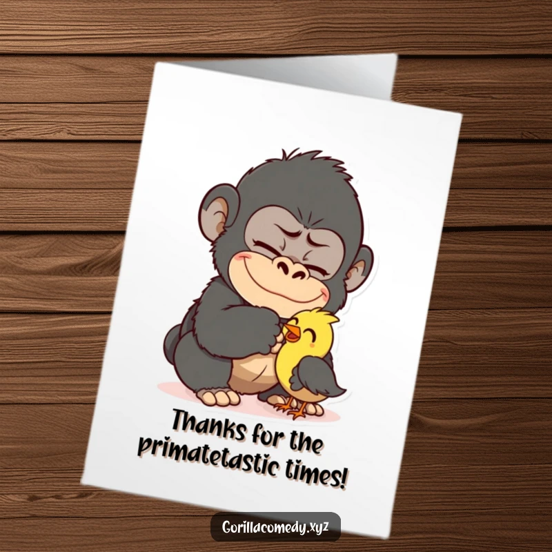 Funny Free Printable Thank You Card: Gorilla tickling a bird, a humorous way to express thanks.
