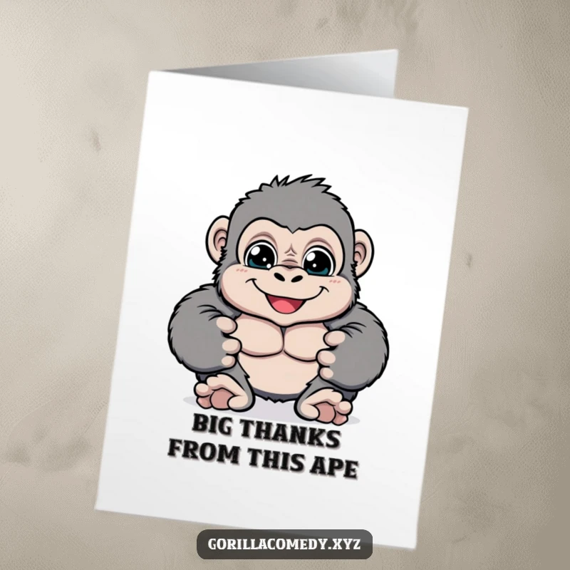 Funny Free Printable thank you card of a cheerful gorilla pounding its chest, expressing thanks with playful energy.