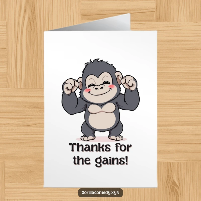 Funny Free Printable Thank You Card: A cute gorilla gleefully flexing its comically tiny biceps, offering a humorous expression of thanks.