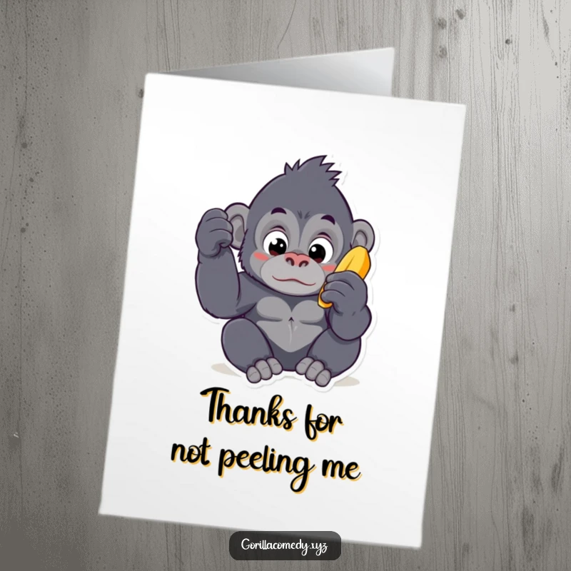 Funny Free Printable Thank You Card: Kawaii gorilla curiously inspects a banana, showing gratitude with primate peculiarity.