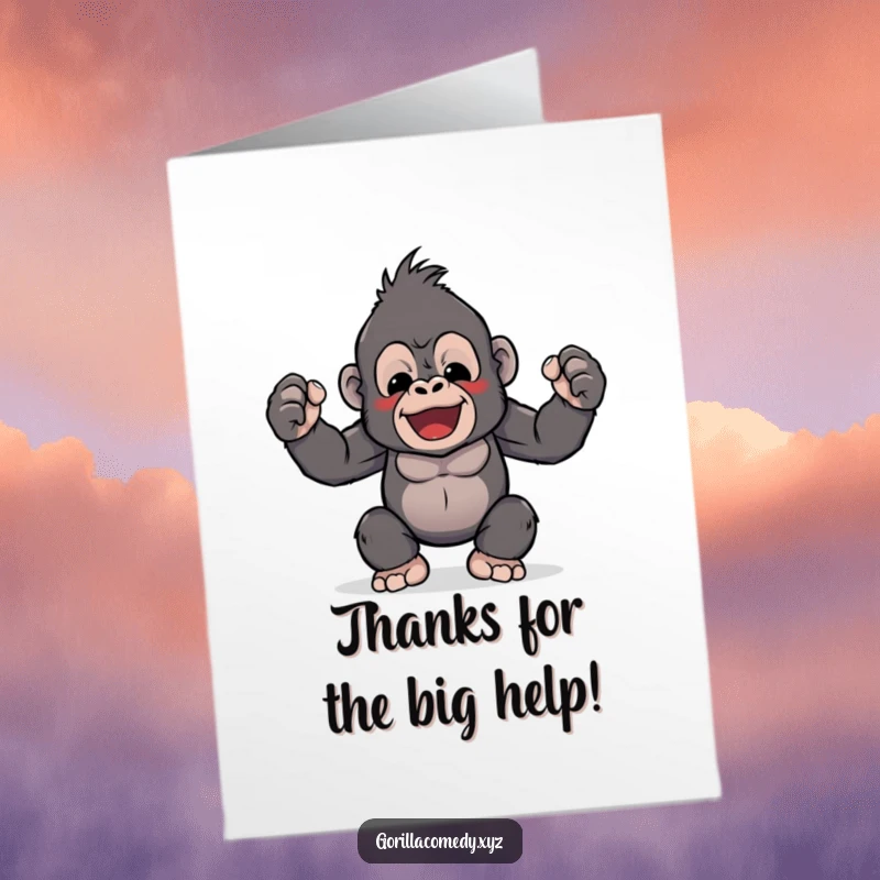 Funny Free Printable Kawaii Gorilla Thank You Card: Cute gorilla character flexing tiny biceps, conveying thanks with adorable strength.