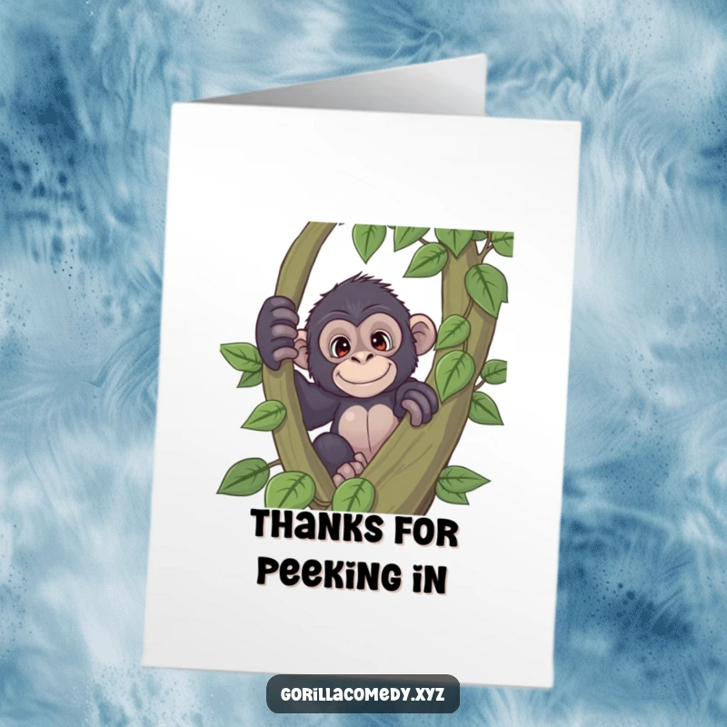 Funny Free Printable thank you card of a playful gorilla curiously peeking from behind a vine, ideal for a humorous thank you.