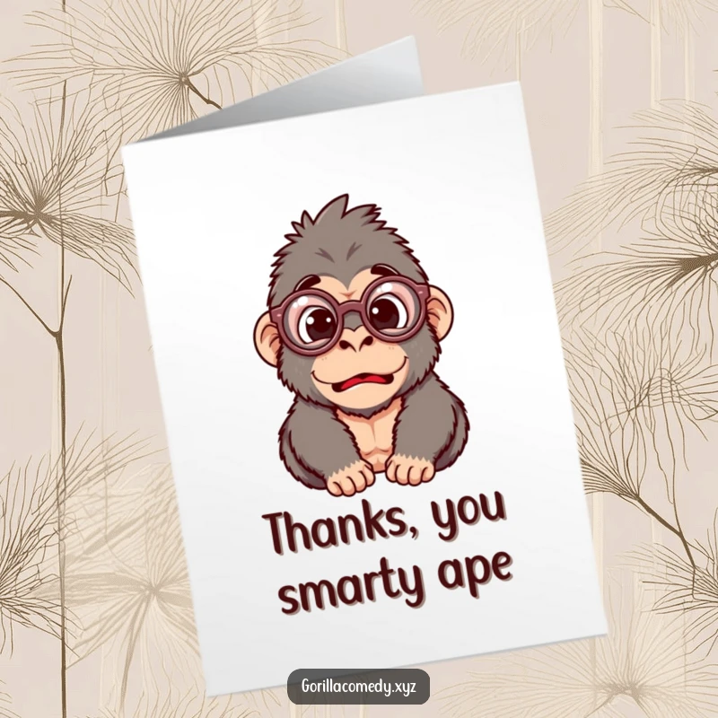Funny Free Printable Surprise Gorilla Thank You Card featuring a gorilla in large glasses looking comically startled.