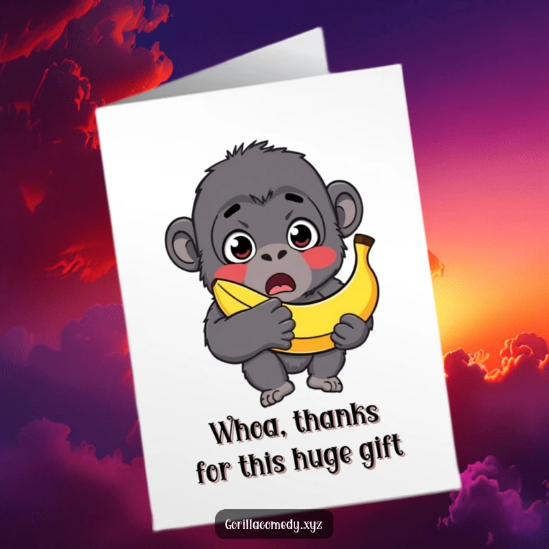 Funny Free Printable Thank You Card: A surprised gorilla with wide eyes holding an impossibly large banana.