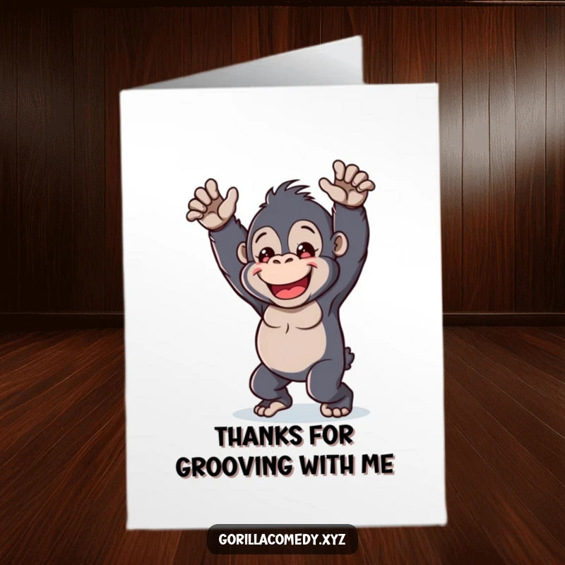 Funny Free Printable Thank You Card: A kawaii gorilla doing a happy dance, spreading gratitude with every step.