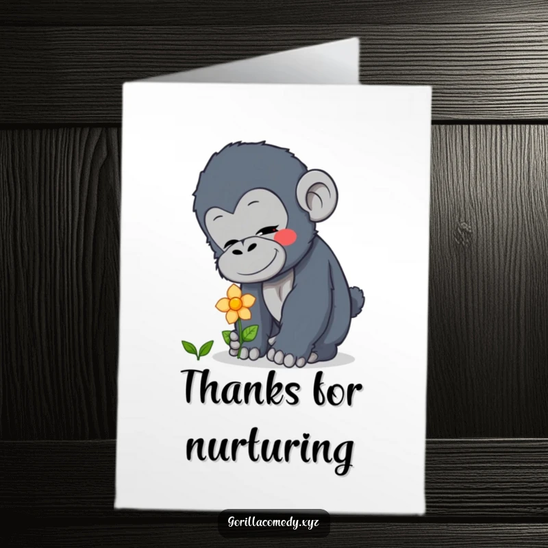 Funny Free Printable Thank You Card: Curious gorilla character gently patting a blooming flower, expressing quiet gratitude with a soft, caring expression.