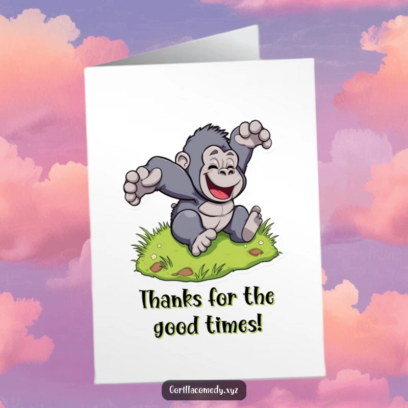 Funny Free Printable Thank You Card: A gorilla character joyfully tumbles down a grassy hill, expressing thanks.