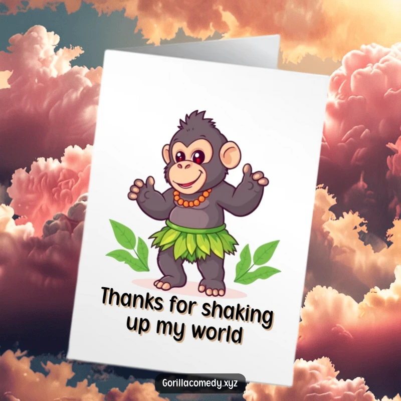 Funny Free Printable Thank You Card: A cute gorilla in a grass skirt gleefully doing a hula dance to say thanks.