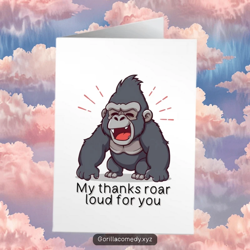 Funny Free Printable Thank You Card: a gorilla character roars playfully, with sound waves radiating outwards.