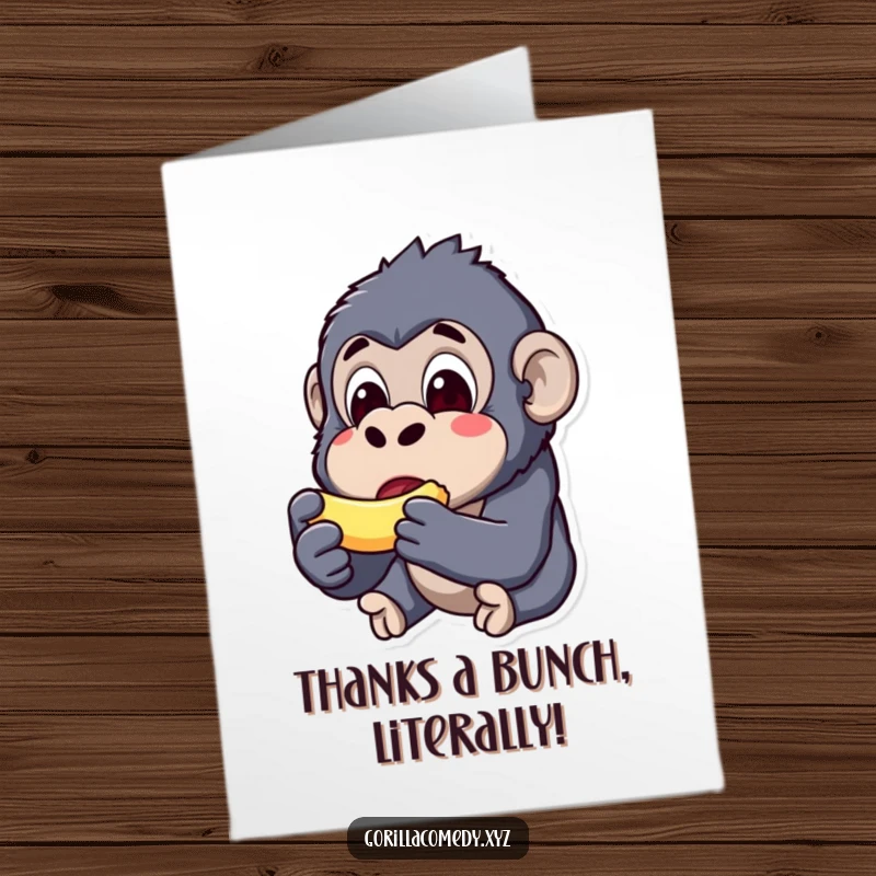 Funny Free Printable Thank You Card: A shocked kawaii gorilla stunned by a tiny banana, expressing thanks.