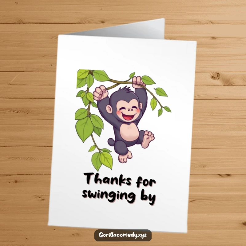 Funny Free Printable Thank You Card: A kawaii gorilla joyfully swinging from a vine, expressing heartfelt thanks.