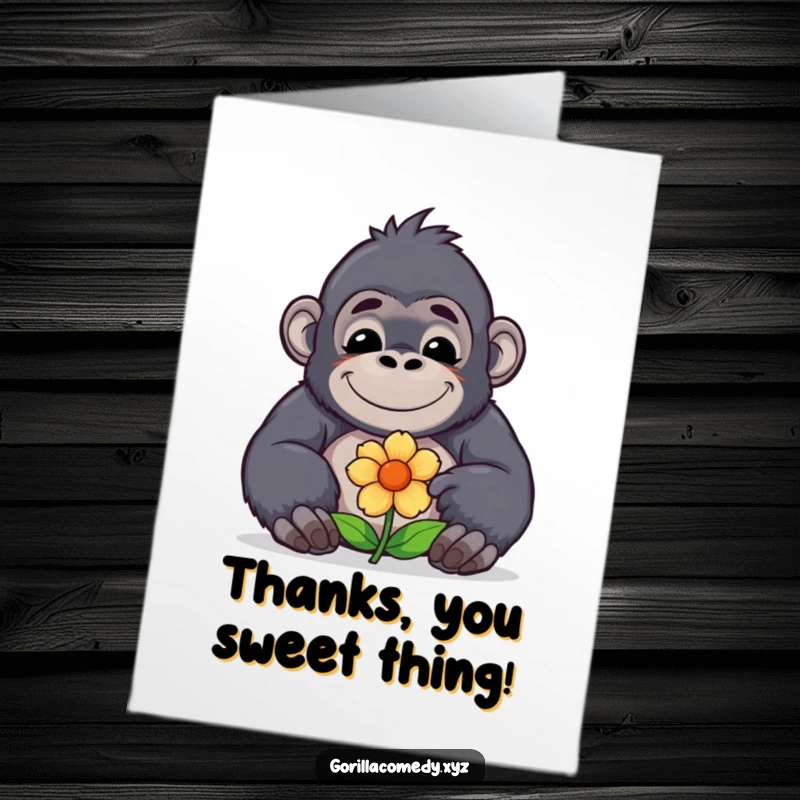 Funny Free Printable Thank You Card: Cute kawaii gorilla with a happy smile offers a lovely flower as thanks.