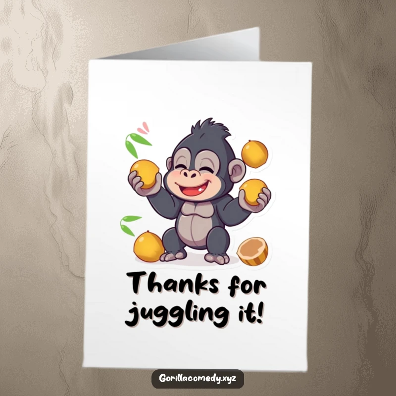 Funny Free Printable Thank You Card: Giggling kawaii gorilla skillfully juggling coconuts to show gratitude.