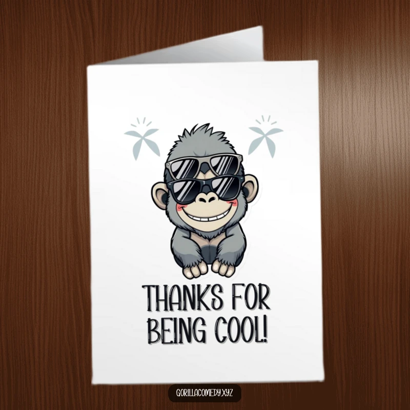 Funny Free Printable Thank You Card: A Kawaii gorilla wearing sunglasses and flashing a silly, happy grin.