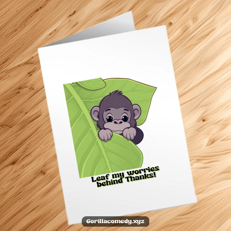 Funny Free Printable Thank You Card: A curious gorilla character peeks inquisitively over a giant leaf, conveying thanks.