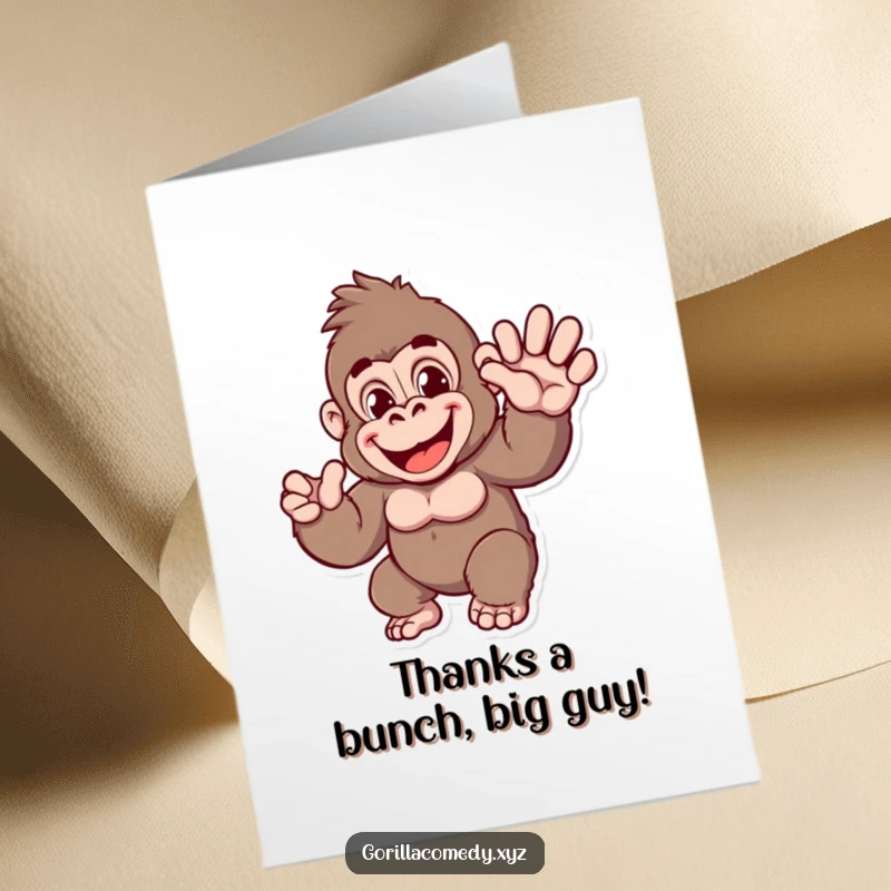 Funny Free Printable Thank You Card with a beaming gorilla character extending a large, welcoming wave of thanks.