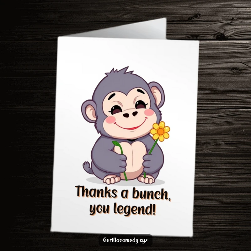 Funny Free Printable Thank You Card showing a cute gorilla offering a flower with a shy, happy expression.