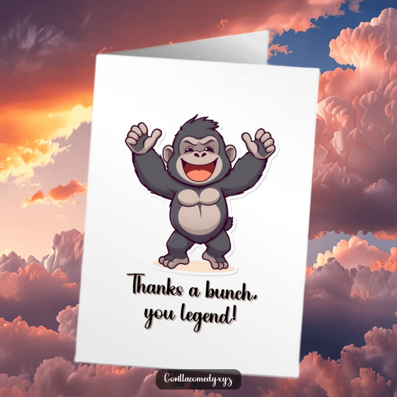 Funny Free Printable Thank You Card depicting a happy gorilla dancing enthusiastically with a big grin.