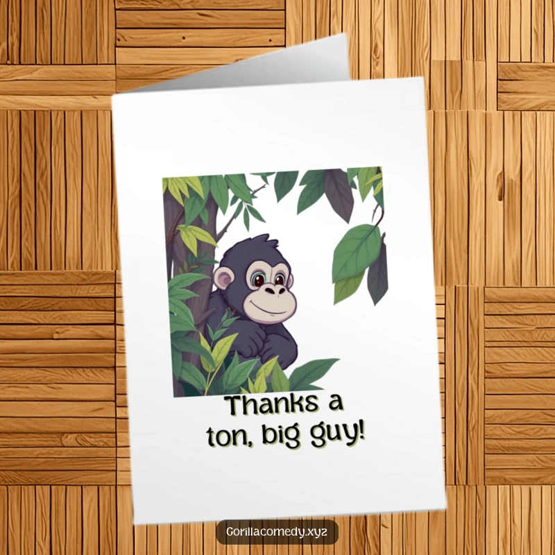 Funny Free Printable Thank You Card: A gorilla emerges from dense jungle foliage, offering thanks.
