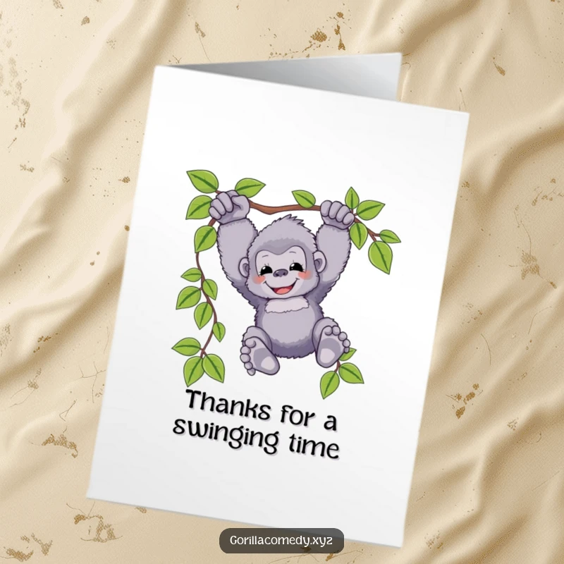 Free Printable Thank You Card with a fluffy gorilla happily swinging from a vine, feet dangling, offering thanks with a grin.