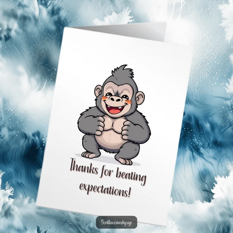 Funny Free Printable Kawaii Gorilla Thank You Card: Cute gorilla character grinning while drumming its chest, expressing thanks joyfully.