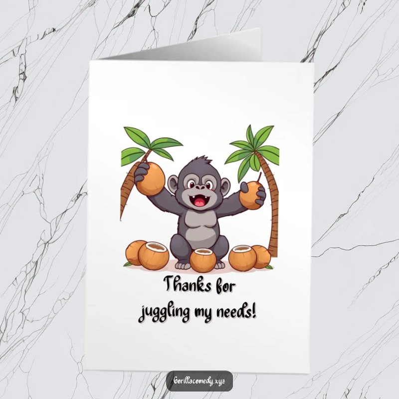 Funny Free Printable Thank You Card: A Kawaii gorilla skillfully juggling coconuts, smiling warmly.