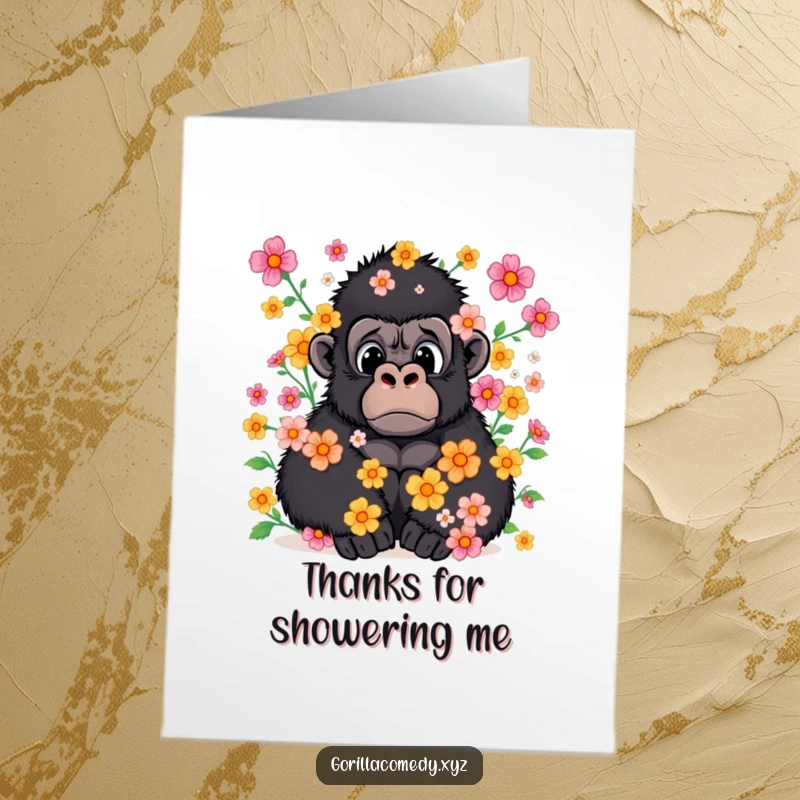 Funny free printable thank you card featuring a surprised gorilla covered in flowers, representing abundant gratitude.