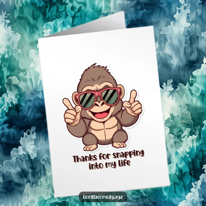 Funny Free Printable Thank You Card: Happy gorilla in oversized sunglasses giving a finger snap, a cool thank you.