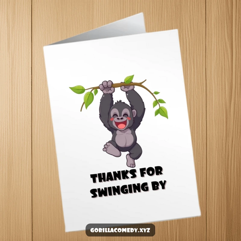 Funny Free Printable Gorilla Thank You Card: A gorilla yells joyfully while swinging from a vine, showing thanks.