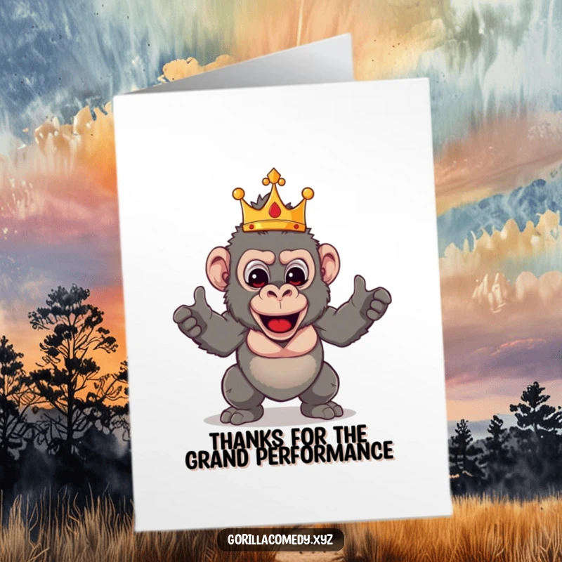 Funny free printable thank you card: theatrical gorilla wearing a crown, striking a pose, expressing gratitude.