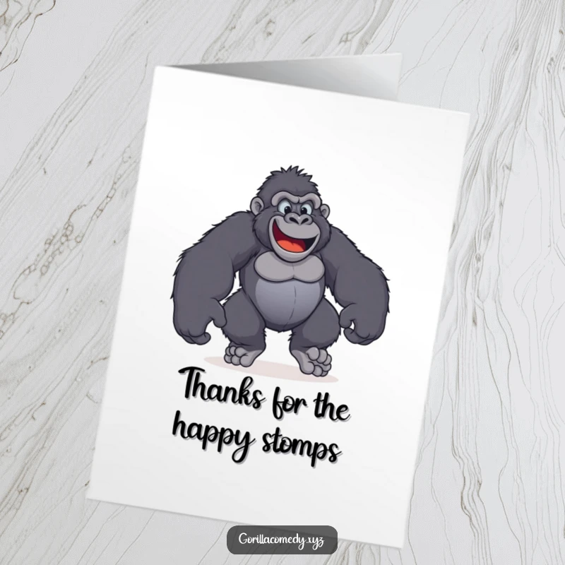 Funny free printable thank you card featuring a gorilla with giant, happy feet stomping joyfully to express thanks.