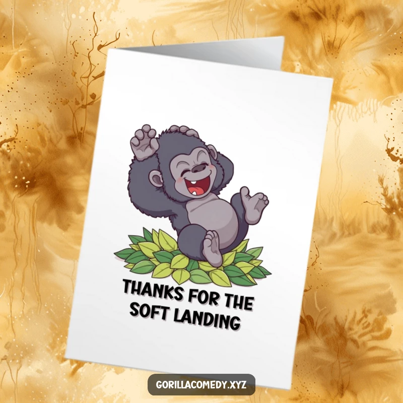 Funny Free Printable thank you card of a clumsy gorilla tumbling with delight into soft leaves, perfect for a humorous thank you.