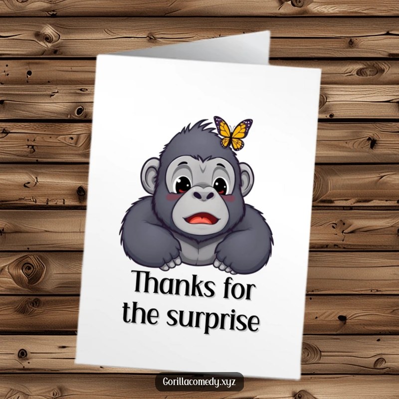 Funny Free Printable Thank You Card: Wide-eyed Kawaii gorilla surprised by a butterfly landing on its nose, a delightful thank you.