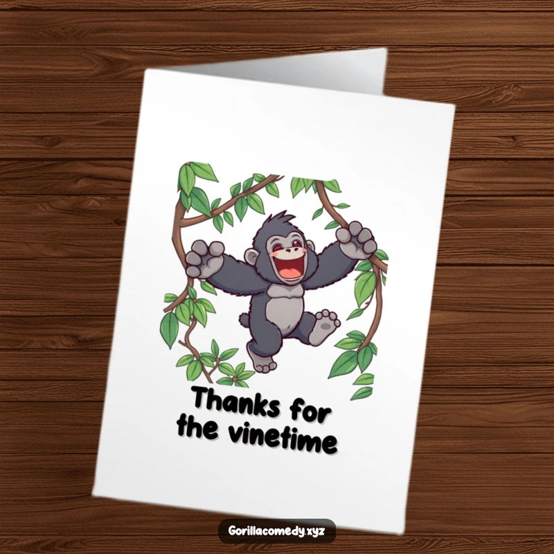 Funny Free Printable Thank You Card: Happy Kawaii gorilla leaping through vines, sending thanks with wild enthusiasm.