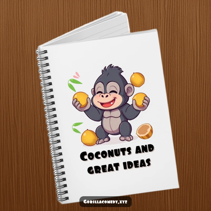 Funny kawaii gorilla giggling while juggling coconuts on a notebook, encouraging users to jot down their most creative and impressive plans.