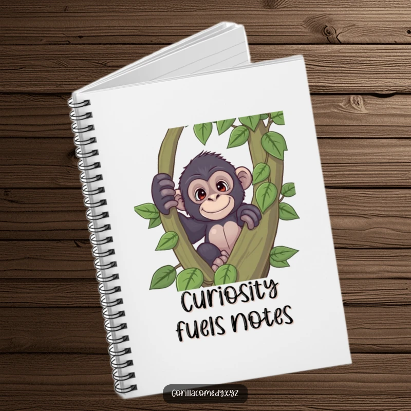 Funny playful gorilla notebook with a curious expression peeking from behind a large vine, ideal for jotting down ideas with a smile, a fun gift.