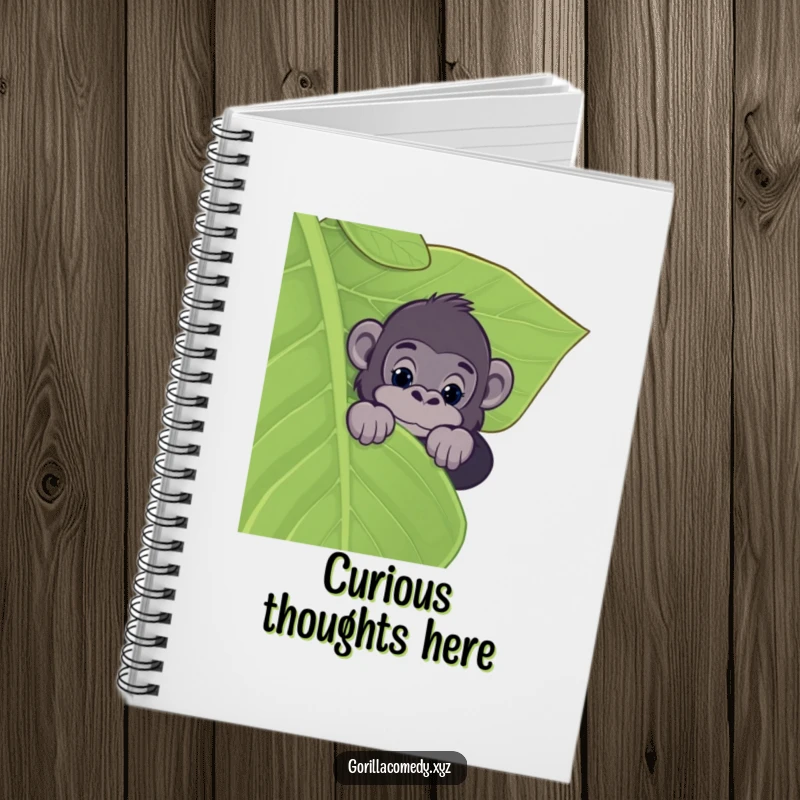 Funny notebook featuring a curious gorilla peeking over a large leaf, perfect for journaling with a touch of jungle intrigue.